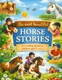 "The most beautiful HORSE STORIES" und "For reading aloud to children aged 5 and up." Illustration mit Kindern und Pferden.