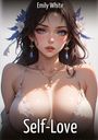 "Emily White" und "Self-Love". Illustration einer Frau mit Blumen im Haar und eleganten Ohrringen.