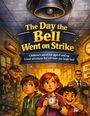 "The Day the Bell Went on Strike. Children's novel for ages 8 and up. School adventures that will make you laugh loud."  
Eine Illustration mit vier Kindern und Erwachsenen in einem Schulflur, eine Glocke oben.
