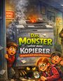 „Kopier Ruhe!“, „Das Monster unter dem Kopierer“, „Kinderbuch ab 8 | Witzig, schräg, illustriert“. Kinder beobachten Kopierer.