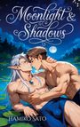 "Moonlight & Shadows" in fließender Schrift. Zwei muskulöse Männer im Wasser, einer mit Elfenohren, unter Mondschein.
