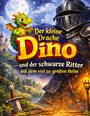 „Der kleine Drache Dino und der schwarze Ritter mit dem viel zu großen Helm“. Illustration: Drache, Ritter, Mond, Burg.