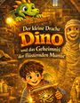 "Der kleine Drache Dino und das Geheimnis der flüsternden Mumie." Ein Junge hält ein Buch, ein Drache und eine Mumie sind zu sehen.