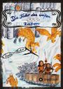 „Die Feder des weißen Raben“. Eine Illustration von goldenen Vögeln, zwei Personen in Fellkleidung auf einem Schlitten.