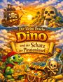 „Der kleine Drache Dino und der Schatz der Pirateninsel“. Ein Drache mit Karte, Schatztruhe, Schiff und Insel mit Totenkopf.