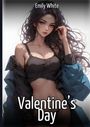 "Emily White" oben, "Valentine’s Day" unten. Eine Illustration einer Frau in schwarzem Top mit offenem Mantel.