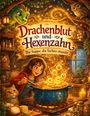 „Drachenblut und Hexenzahn: Die Suppe, die lachen musste“. Kind rührt in leuchtender Suppe, umgeben von Katze, Eule und Drache.
