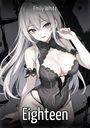 Text: "Emily White" oben, "Eighteen" unten. Anime-Figur mit langen Haaren und schwarzem, verziertem Outfit mit Spitze.