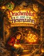 „Drachenblut und Hexenzahn: Das Grusel-Kichern im Keller.“ Ein Mädchen mit Taschenlampe, Drachenkopf und Eule in einem Keller.