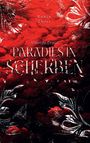 „Robin Theis, Afterlife Crisis, PARADIES IN SCHERBEN.“ Rote Wolken mit weißen, floralen Verzierungen.