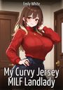 "Emily White. My Curvy Jersey MILF Landlady." Eine lächelnde Frau in rotem Pullover und dunkelblauem Rock in einem Raum.