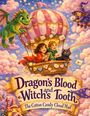 „Dragon's Blood and Witch's Tooth“ steht auf einem Banner. Zwei Kinder und eine Katze in einem Heißluftballon mit Briefen.