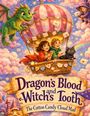 „Dragon's Blood and Witch's Tooth. The Cotton Candy Cloud Mail.“ Zwei Kinder und eine Katze in einem Heißluftballon, mit Briefen, begleitet von einem fliegenden Drachen und einer Hexe.
