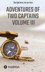 ADVENTURES OF TWO CAPTAINS VOLUME III. Titel über einem goldenen Kompass im Sand. Unten tredition-Logo.