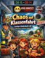 "Chaos auf Klassenfahrt: Lustiges Kinderbuch ab 8" zeigt Kinder im Zug, einen Kontrolleur, Kühe und eine Oma draußen.