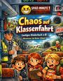 "Chaos auf Klassenfahrt. Lustiges Kinderbuch ab 8. Abenteuer im Reise-Chaos." Illustration von Kindern im Zug mit Kontrolleur.
