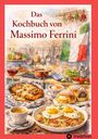 "Das Kochbuch von Massimo Ferrini." Eine italienische Küche mit Pasta, Gebäck und Wein. Italienische Fahne im Hintergrund.