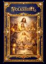 "Die wahre Volksbibel" steht in goldenen Buchstaben. Eine reich verzierte, göttliche Szene mit Figuren, Schwertern und hellem Licht.