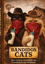 Titel: Bandidos Cats. Zwei Katzen im Cowboy-Outfit mit roten Bandanas, Halfter und Milchflaschen, vor einer ländlichen Kulisse.
