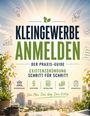 „Kleingewerbe anmelden“ in grüner Schrift, umgeben von Symbolen. Hintergrund zeigt Natur und Skyline. Flipchart: Ideen, Planen.