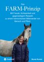"Das FARM-Prinzip: Mit Freude, Achtsamkeit und Respekt. Mädchen lacht neben einem Pferd auf blauem Hintergrund."