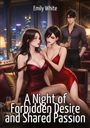 "A Night of Forbidden Desire and Shared Passion" von Emily White. Zwei Frauen in roten Kleidern auf einem Sofa, Stadtlichter im Hintergrund.