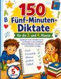 "150 Fünf-Minuten-Diktate für die 3. und 4. Klasse." Zwei Kinder sitzen und lernen, mit Notizbuch und Büchern.
