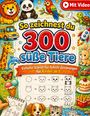 "So zeichnest du 300 süße Tiere" steht in großen bunten Buchstaben. Umgeben von Tier-Illustrationen und Zeichenschritten.