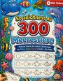 "So zeichnest du 300 Meerestiere" steht in bunten Farben. Illustrationen von Meerestieren wie Walen, Fischen und Schildkröten.