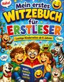 „Mein erstes Witzebuch für Erstleser“, „Lustige Kinderwitze ab 6 Jahren“. Illustration mit lachenden Kindern und Tieren.