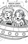 Text: „MISSION LERNEN: ALARM AUS DEM ALL.“ Zwei Comicfiguren mit spitzen Ohren steuern ein UFO.