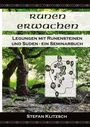 „runen erwachen. Legungen mit Runensteinen und Suden - ein Seminarbuch.“ Wald mit Runen und Kopfzeichnung.