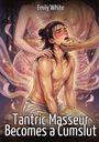 „Emily White“, „Tantric Masseur Becomes a Cumslut“. Illustration mit zwei verschlungenen, halb nackten Personen in sinnlicher Pose.