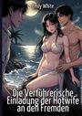 Eine Frau im Bikini zwischen zwei Männern am Strand bei Mondschein. Palme im Hintergrund.