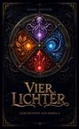 "Viergeordnetes Symbol aus Kristallen, Blätter und Strudel. Beleuchtet in Violett, Orange, Blau und Rot. Fantasievolle Gestaltung."
