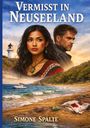 "VERMISST IN NEUSEELAND" über einem Strand; zwei ernste Personen, ein Leuchtturm, ein Boot und blutbeflecktes Tuch.