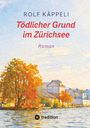 "Tödlicher Grund im Zürichsee. Roman. Malerische Szene am Wasser mit herbstlichen Bäumen und Gebäuden im Hintergrund."