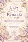 "Baby Milestone Keepsake Journal" in lila Schrift, umgeben von pastellfarbenen Blumen, Teddybär und Schaukelpferd.