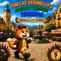 "Tom Cat Vermello's Journey Through Teuropia," zeigt einen fröhlichen Cartoon-Kater in einer malerischen Stadt.