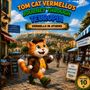 Titel: "Tom Cat Vermello's Journey Through Teuropa". Zeichnung: Vermello, der Kater, spaziert fröhlich durch griechische Straßen.