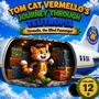 "Tom Cat Vermello’s Journey Through Teutropia. Vermello, the Blind Passenger. Volume 12." Illustration: Katze verlässt Flugzeug voller Gepäck.