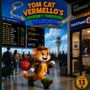 "Tom Cat Vermello’s Journey Through Teuropia" zeigt Tom, eine cartoonhafte Katze, fröhlich in einem Flughafen spazierend.