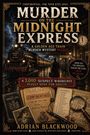„Murder on the Midnight Express“: Zug, Detektiv mit Koffer, Uhr, Akten, Lupe. Puzzle-Buch von Adrian Blackwood.