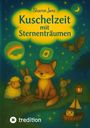 "Kuschelzeit mit Sternenträumen" steht in einer leuchtenden Wolke. Ein Fuchs, ein Hase, ein Schaf, eine Maus und eine Fledermaus sind umgeben von Sternen.