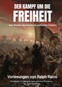 "Der Kampf um die Freiheit" in großer Schrift. Menschenmenge jubelt und schwenkt Fahnen in der Abenddämmerung.