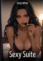"Emily White, Sexy Suite." Illustration einer Frau mit langen Haaren, die ein Make-up-Pinsel hält, in Dessous.