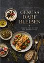 "Genuss darf bleiben. Essen und Leben mit Adipositas." Verschiedene Teller mit leckerem Essen, darunter Fisch und Gemüse.