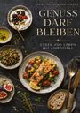 „Genuss darf bleiben: Essen und Leben mit Adipositas“. Verschiedene Teller mit gesunden Speisen und Kräutern.