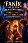 Text: "FANIR UND DIE SPUR DER MAGISCHEN TIERE. EINE VERFUCHST FANTASTISCHE SCHULE. Ein magisches Kinderbuch ab 6 Jahren..."

Ein Fuchs in Detektivkleidung ist mit zwei Kindern in einer magischen Schule, begleitet von einer Eule und einem Einhorn.
