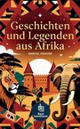 „Geschichten und Legenden aus Afrika“ von Marcel Okafor. Eine Illustration mit Löwe, Elefant, Frau und afrikanischen Mustern.